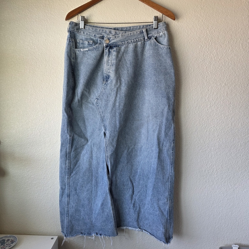 Micas Denim Skirt Womens 28 Blue Criss Cross High Rise Long Front Slit Casual